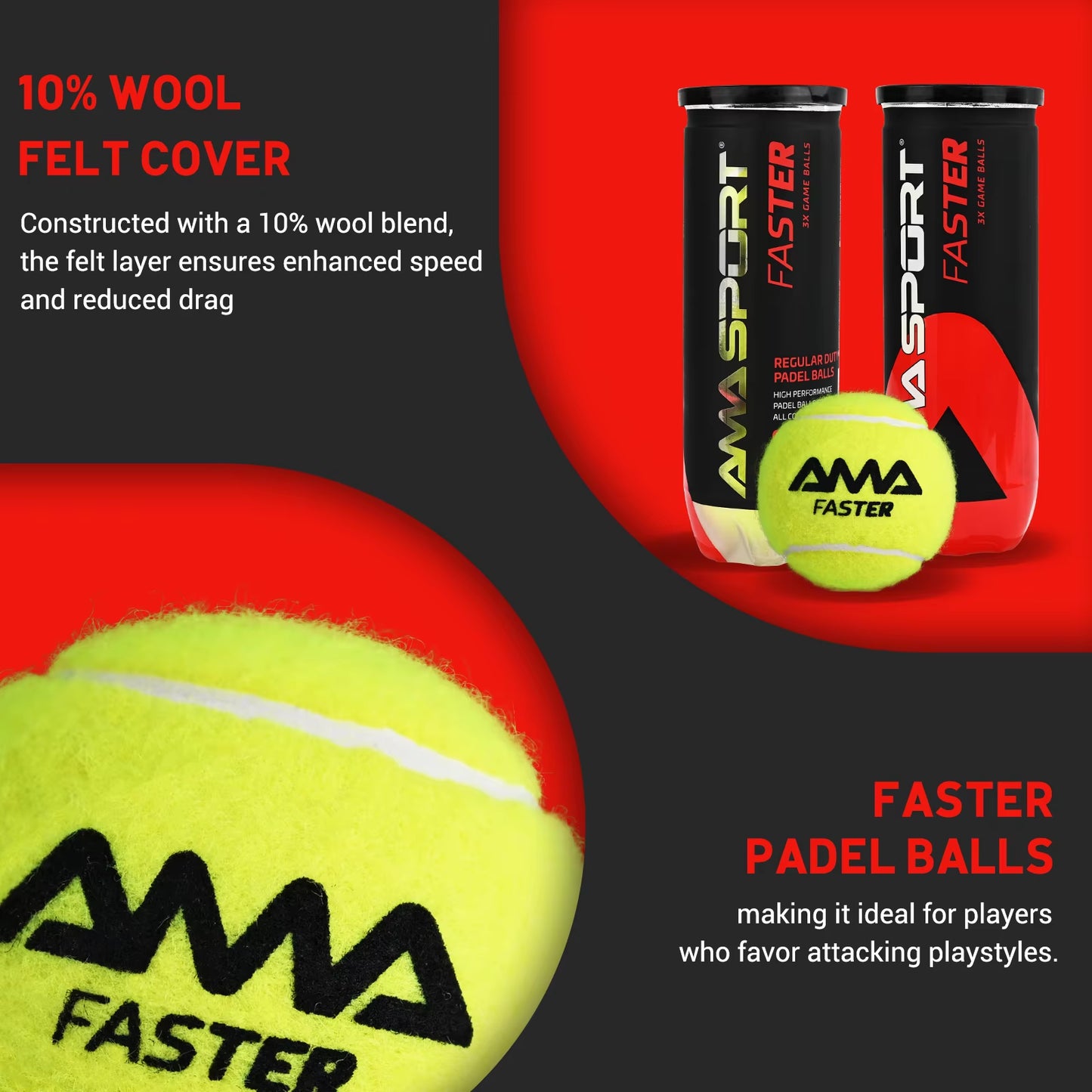 AMASPORT Padel Balls 10% Wool Felt Cover Durable Construction for Faster Play High Quality Sports Equipment Padel Accessories