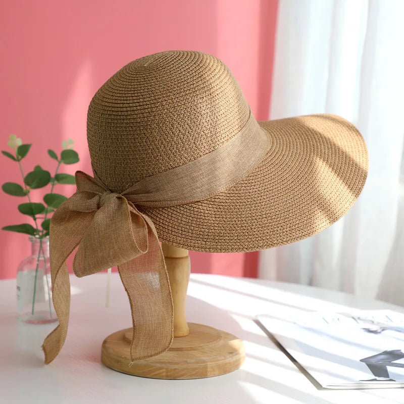 Sombrero de paja bohemio con lazo — variante camel floral